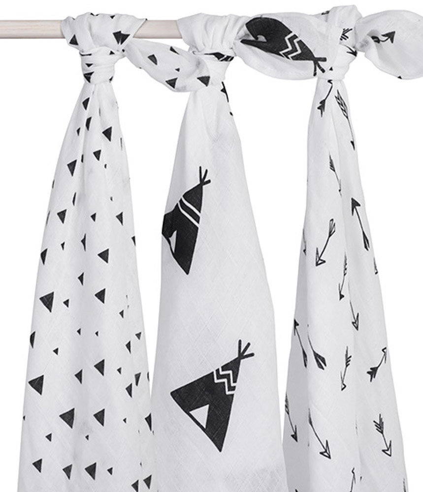 Jollein Mullwindeln Indians 3er Set, weiß & schwarz, 115 x 115 cm