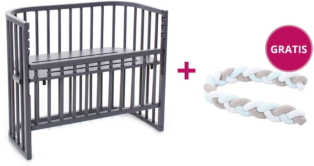 babybay® Comfort mit Gratis Nestchenschlange Nestchenschlange geflochten aqua Beistellbett schiefergrau lackiert + Nestchenschlange weiß/beige/aqua