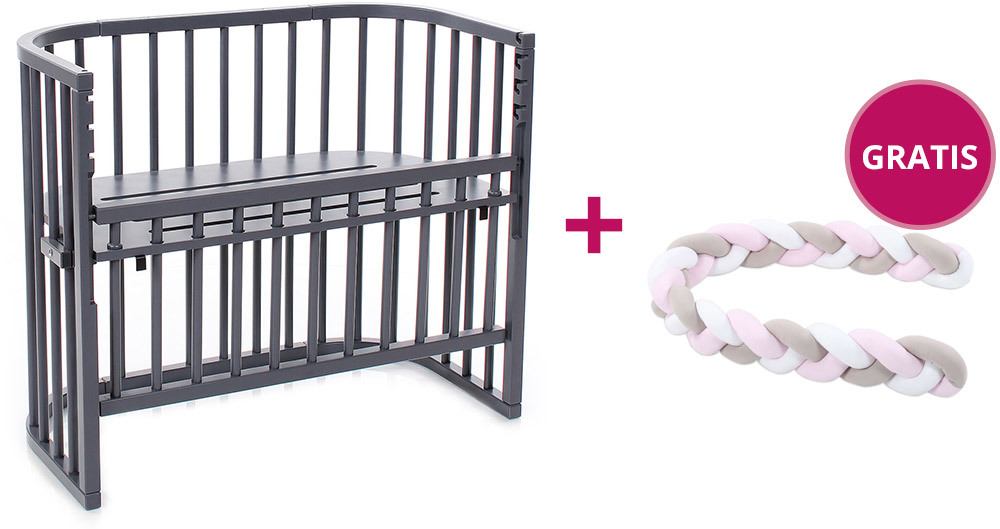 babybay® Comfort mit Gratis Nestchenschlange Nestchenschlange geflochten rosé Beistellbett schiefergrau lackiert + Nestchenschlange weiß/beige/rosé