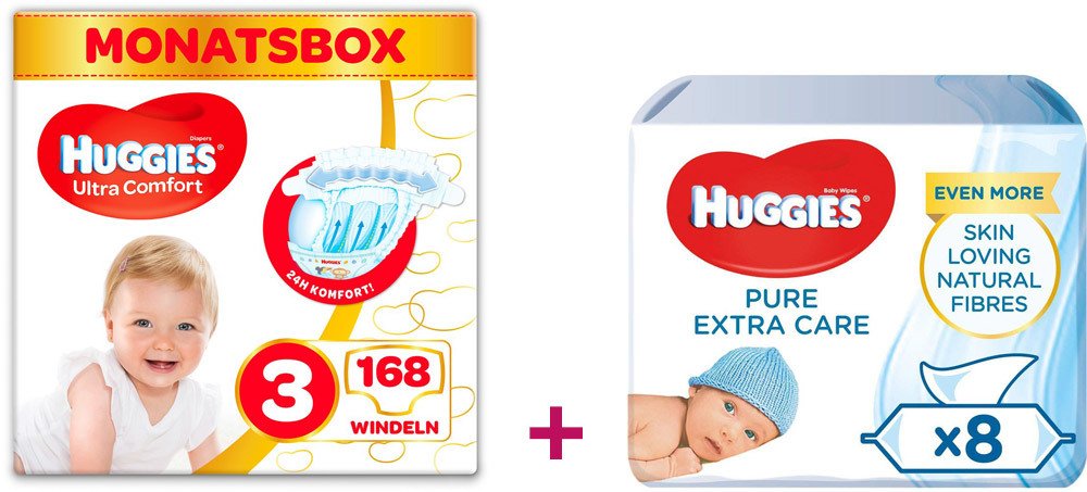 Huggies Windeln und Baby-Feuchttücher Pure Extra Care 8x56 Vorteilspack Größe 3 168 Windeln + 448 Feuchttücher