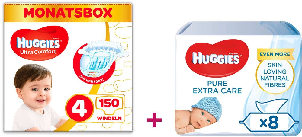 Huggies Windeln und Baby-Feuchttücher Pure Extra Care 8x56 Vorteilspack Größe 4 150 Windeln + 448 Feuchttücher