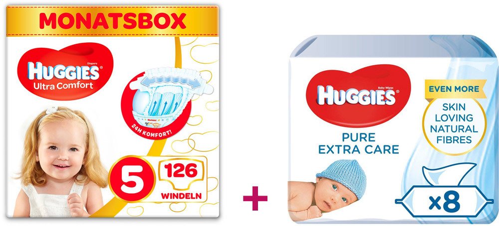 Huggies Windeln und Baby-Feuchttücher Pure Extra Care 8x56 Vorteilspack Größe 5 126 Windeln + 448 Feuchttücher