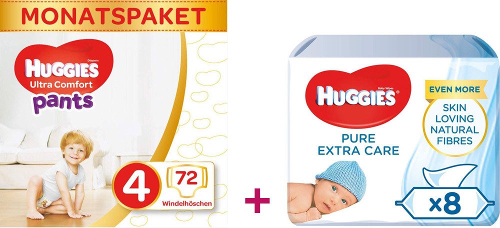 Huggies Windelhöschen und Baby-Feuchttücher Pure Extra Care 8x56 Vorteilspack Größe 4 72 Windeln + 448 Feuchttücher