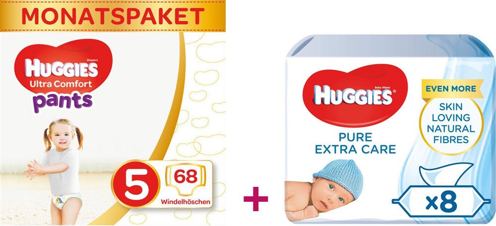 Huggies Windelhöschen und Baby-Feuchttücher Pure Extra Care 8x56 Vorteilspack Größe 5 68 Windeln + 448 Feuchttücher