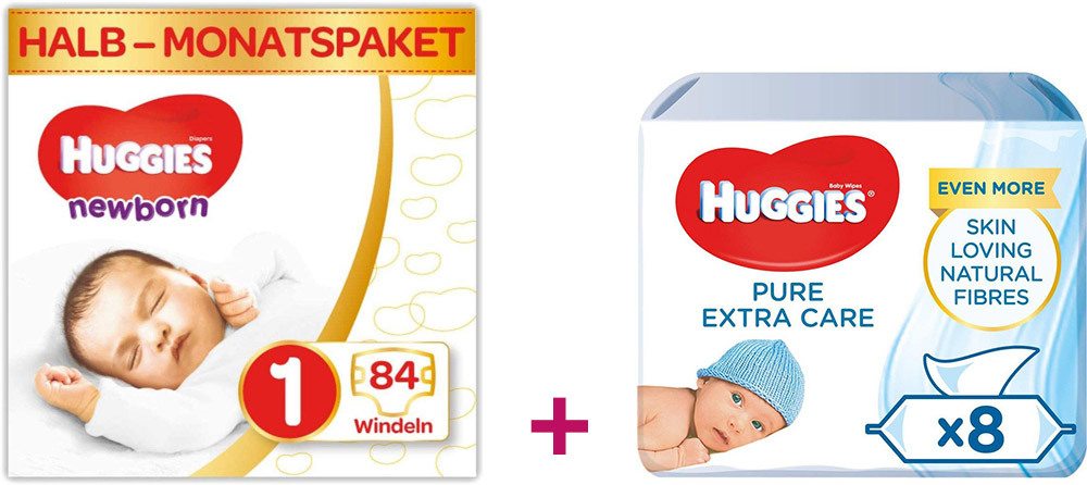 Huggies Windeln und Baby-Feuchttücher Pure Extra Care 8x56 Vorteilspack Größe 1 84 Windeln + 448 Feuchttücher