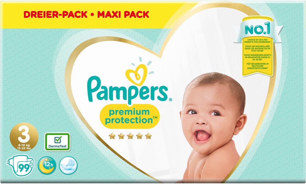 Pampers Premium Protection Windeln Größe 3 (6-10 kg) Midi Dreier-Pack, Gr. 3, 99 Stück;