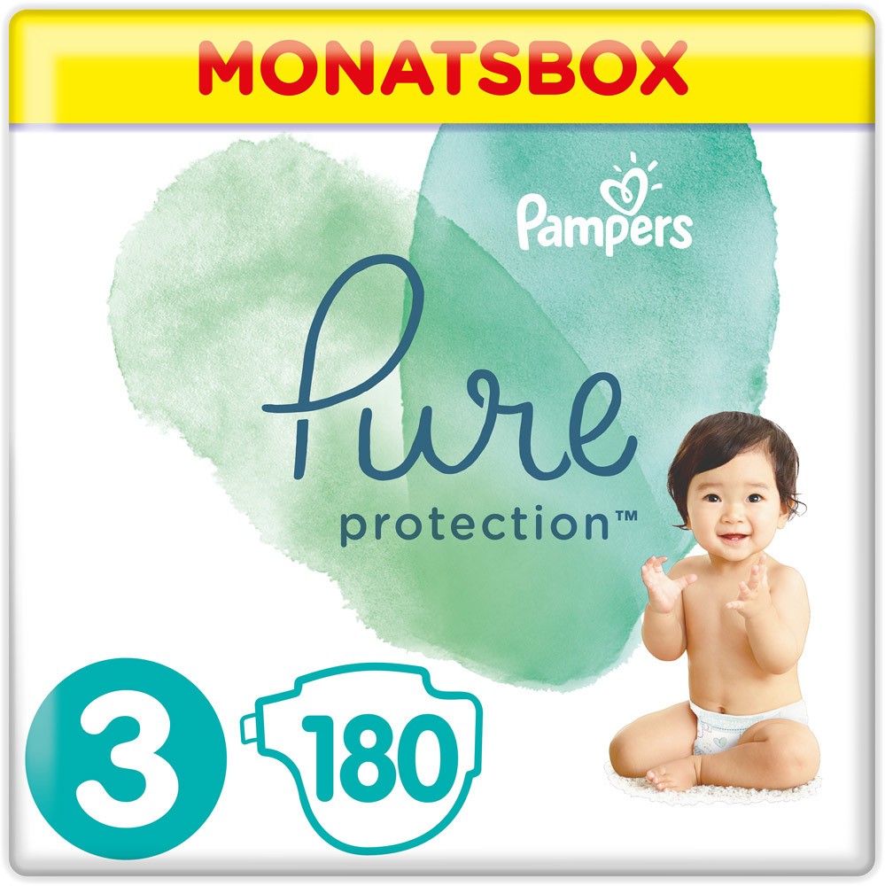 Pampers Pure Protection Windeln Größe 3 (6-10 kg) Midi, Monatsbox, 180 Stück