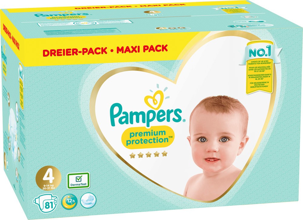 Pampers Premium Protection Windeln Größe 4 (9-14 kg) Maxi Pack Dreier-Pack, Gr. 4, 81 Stück;
