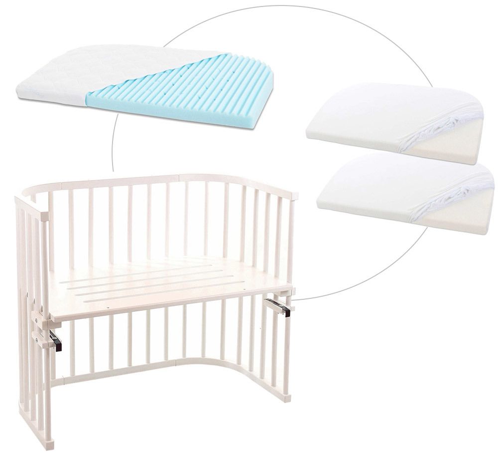 babybay® Maxi mit Matratze und Bezug Beistellbett weiß lackiert + Matratze Medicott Wave + Jersey Spannbetttuch Doppelpack