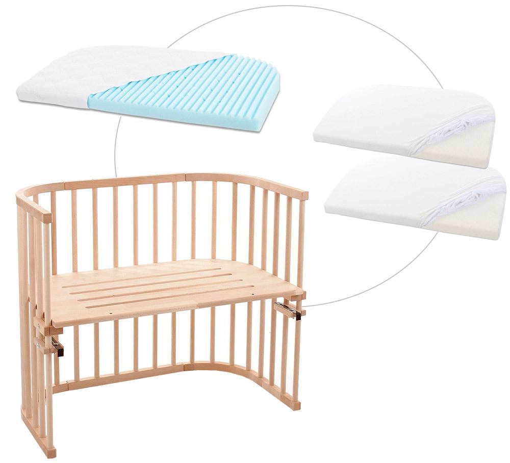 babybay® Original mit Matratze und Bezug Beistellbett natur unbehandelt + Matratze Medicott Wave + Jersey Spannbetttuch Doppelpack