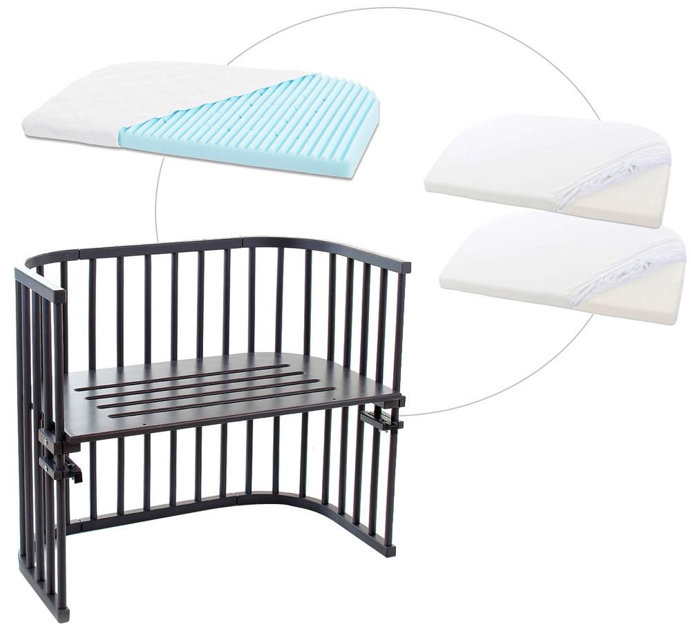 babybay® Maxi mit Matratze und Bezug Beistellbett schiefergrau lackiert + Matratze Medicott Wave + Jersey Spannbetttuch Doppelpack