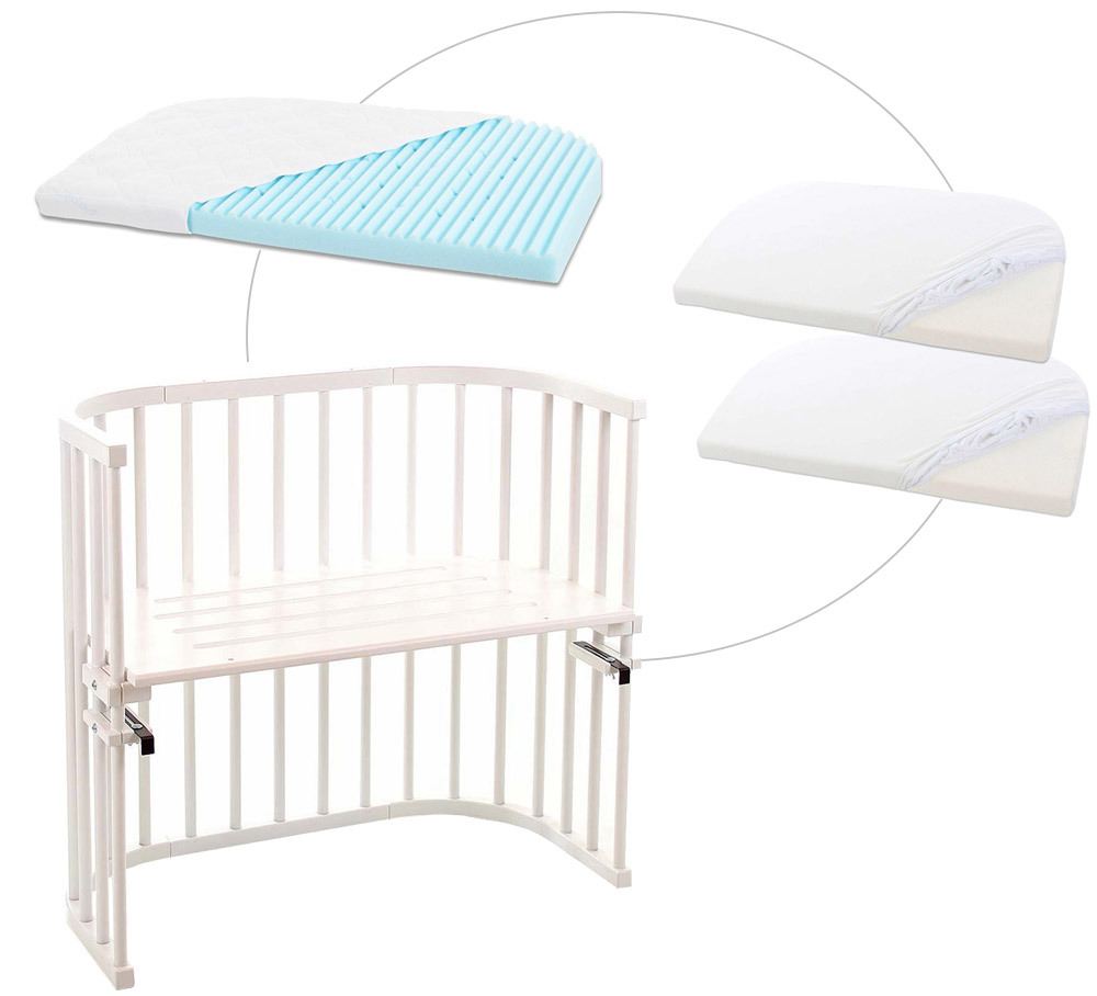 babybay® Original mit Matratze und Bezug Beistellbett weiß lackiert + Matratze Medicott Wave + Jersey Spannbetttuch Doppelpack