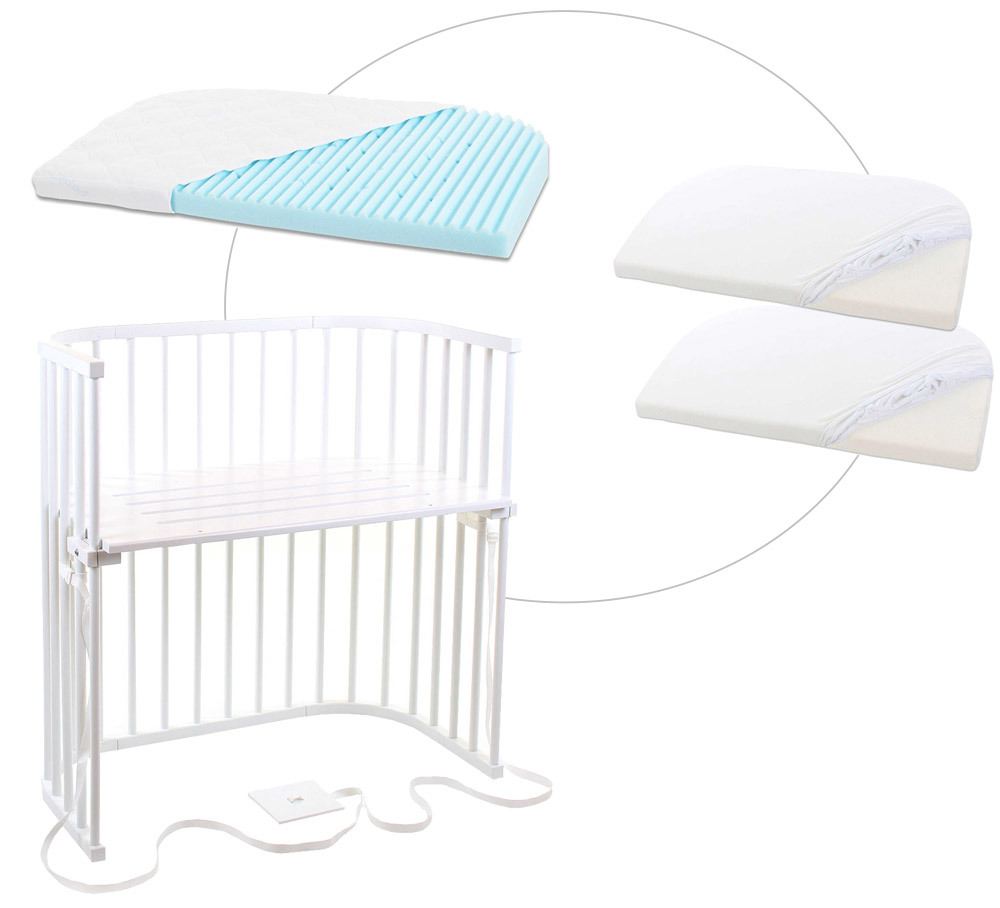 babybay® Boxspring mit Matratze und Bezug Beistellbett weiß lackiert + Matratze Medicott Wave + Jersey Spannbetttuch Doppelpack