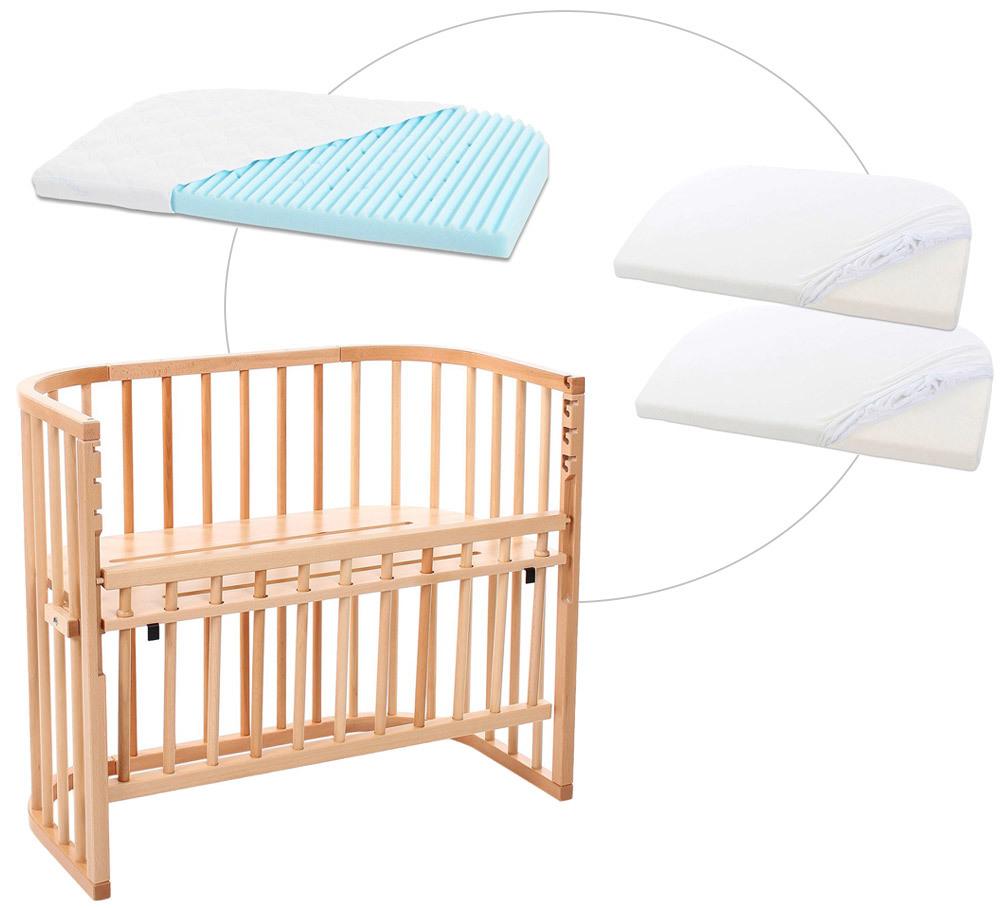 babybay® Comfort mit Matratze und Bezug Beistellbett weiß lackiert + Matratze Medicott Wave + Jersey Spannbetttuch Doppelpack