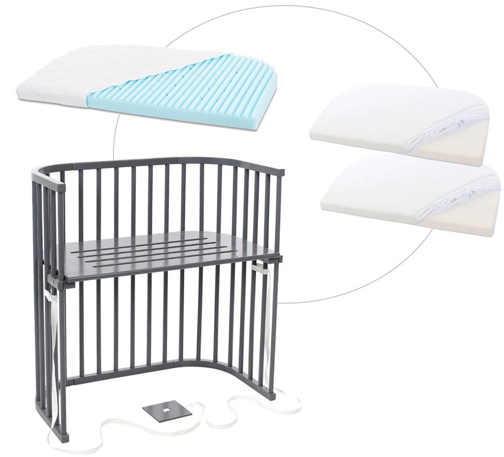 babybay® Boxspring mit Matratze und Bezug Beistellbett schiefergrau lackiert + Matratze Medicott Wave + Jersey Spannbetttuch Doppelpack