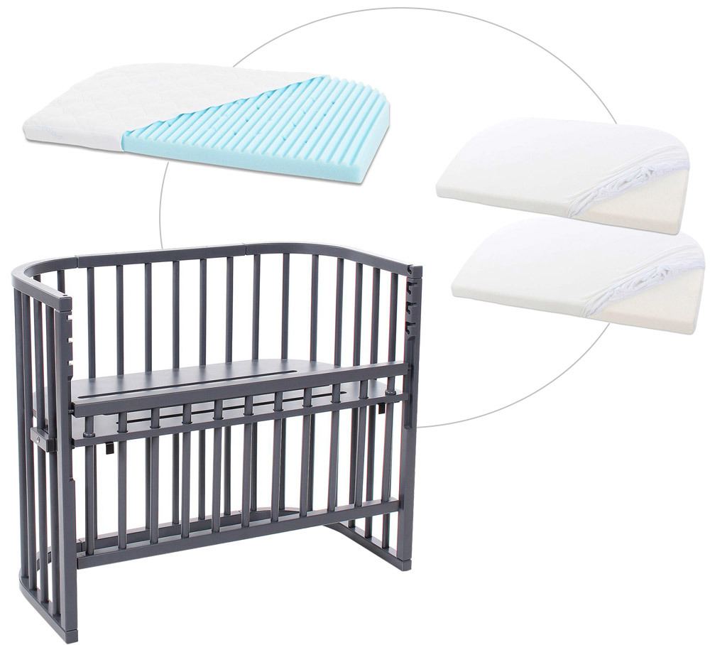 babybay® Comfort mit Matratze und Bezug Beistellbett schiefergrau lackiert + Matratze Medicott Wave + Jersey Spannbetttuch Doppelpack