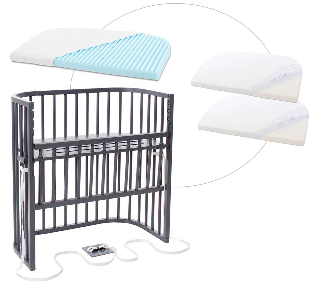 babybay® Boxspring Comfort mit Matratze und Bezug Beistellbett schiefergrau lackiert + Matratze Medicott Wave + Jersey Spannbetttuch Doppelpack