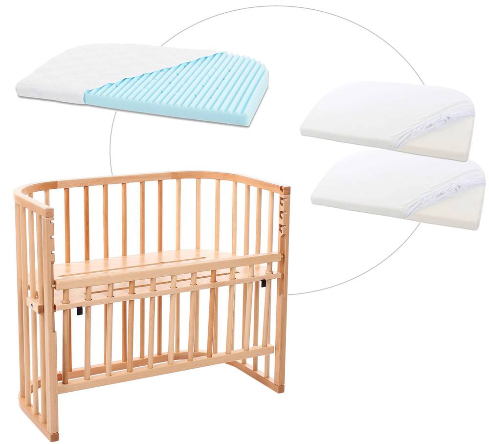 babybay® Comfort mit Matratze und Bezug Beistellbett natur lackiert + Matratze Medicott Wave + Jersey Spannbetttuch Doppelpack