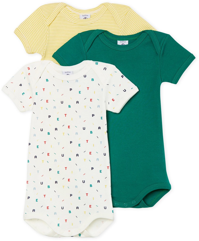 Petit Bateau 3er Pack Kurzarmbody - bunte Buchstaben und Ringel 68 MULTICOLOR