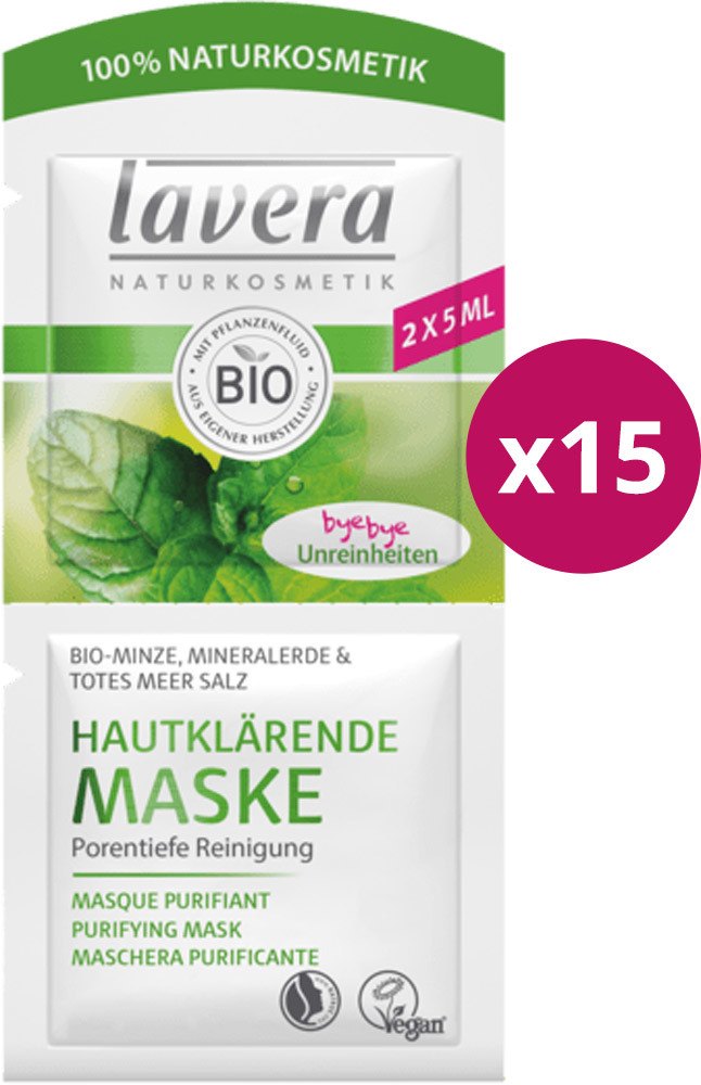 Lavera Hautklärende Maske Bio-Minze, Mineralerde & Totes Meet Salz, 2 x 5 ml, 15 Stück