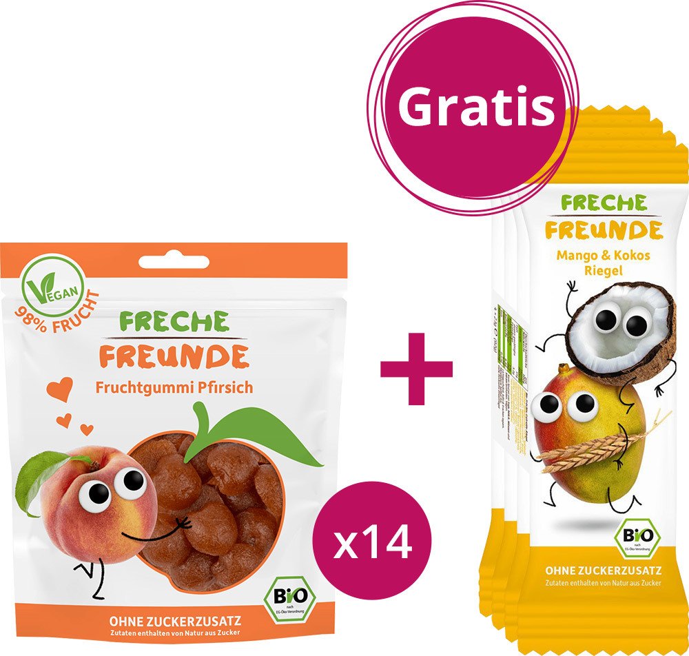 erdbär Freche Freunde Bio Fruchtgummi Pfirsich (30 g), 14 Stück + gratis dazu: Freche Riegel Mango & Kokos (4x23 g), 1 Stück