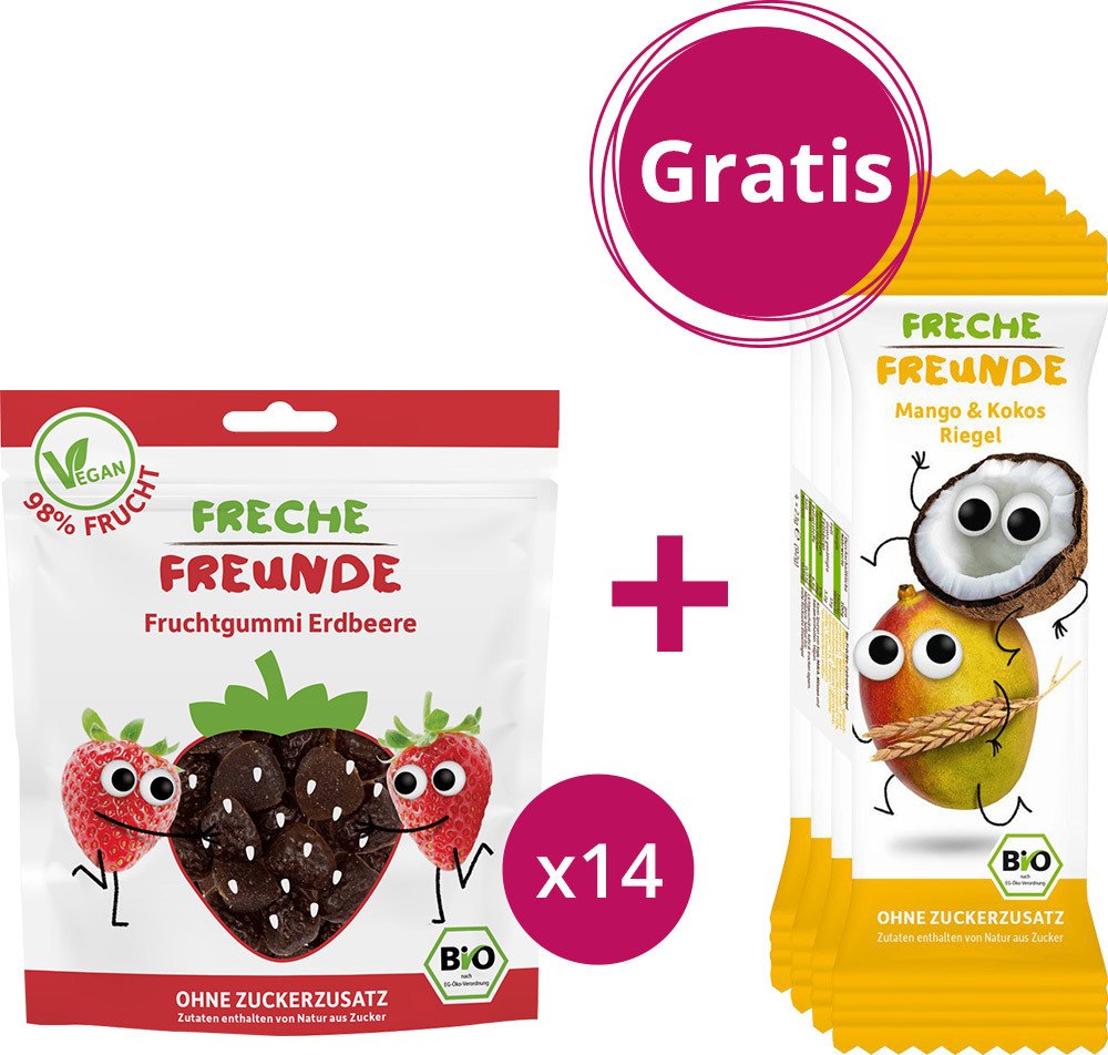 erdbär Freche Freunde Bio Fruchtgummi Erdbeere (30 g), 14 Stück + gratis dazu: Freche Riegel Mango & Kokos (4x23 g), 1 Stück