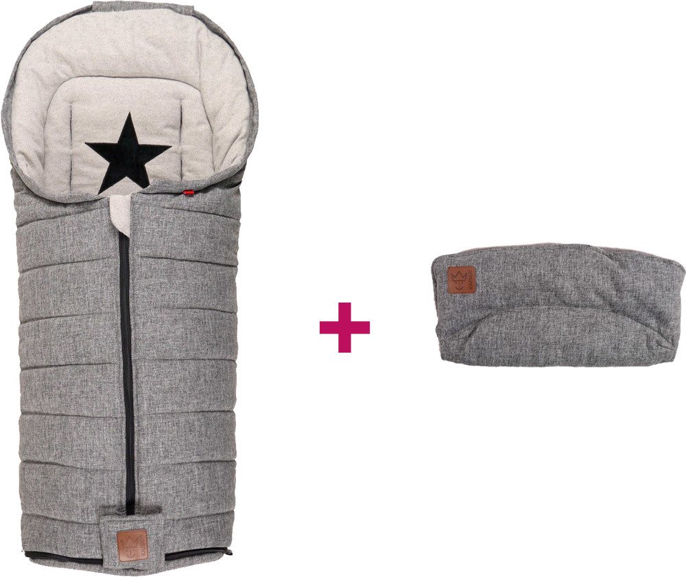 Kaiser Kinderwagen-Fusssack Shinny Melange + Handwärmer Cottonfleece grau Stern Applikation + schwarz-melange Handwärmer