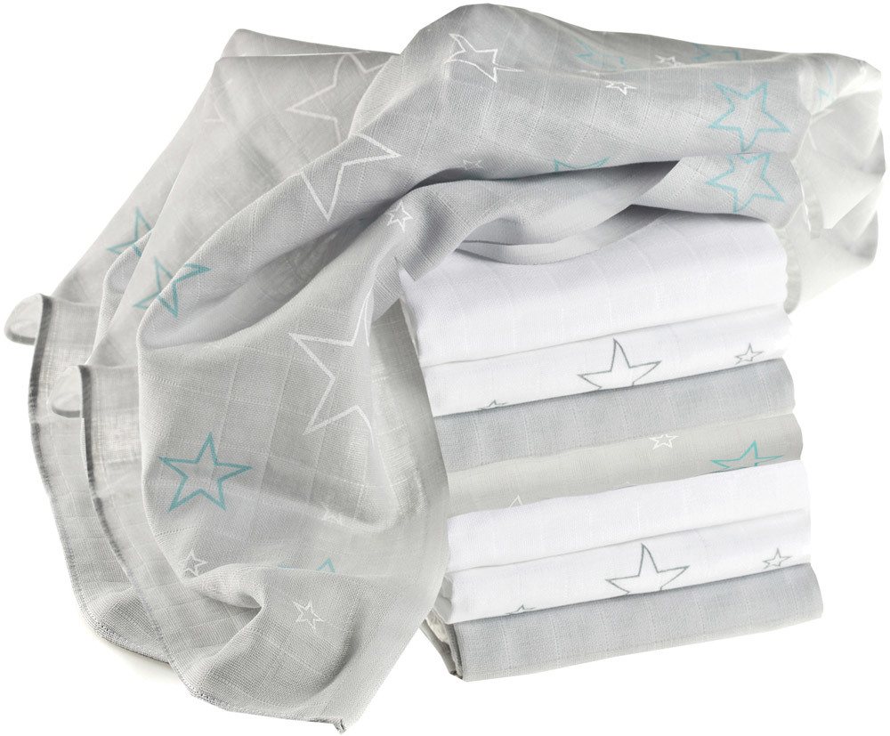 Makian Mullwindeln Sterne bedruckt, 70 x 70 cm, 8er Pack (2 x allover / 2 x motiv / 2 x uni / 2 x weiß), (ASTAR/8)