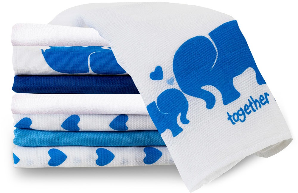 Makian Mullwindeln Elefant bedruckt, 80 x 80 cm, 8er Pack (2 x allover / 2 x motiv / 2 x uni / 2 x weiß), (MAUM/8)