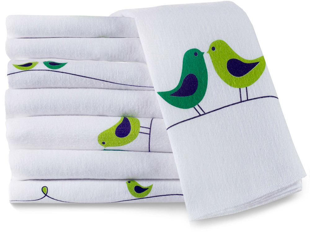 Makian Moltonwindeln Vogel bedruckt, 80 x 80 cm, 8er Pack (2 x allover / 2 x motiv / 4 x weiß), (M/8)