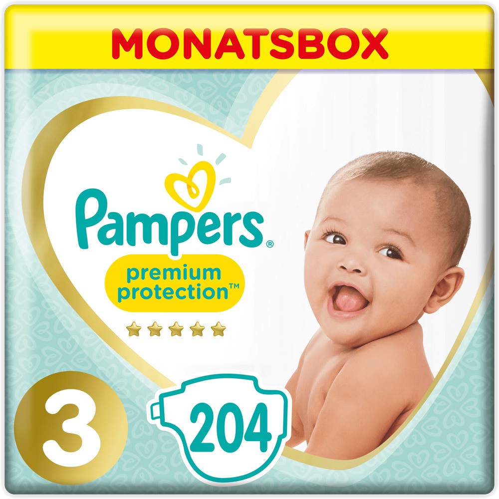 Pampers Premium Protection Windeln Größe 3 (6-10 kg) Midi Monatsbox, Gr. 3, 204 Stück