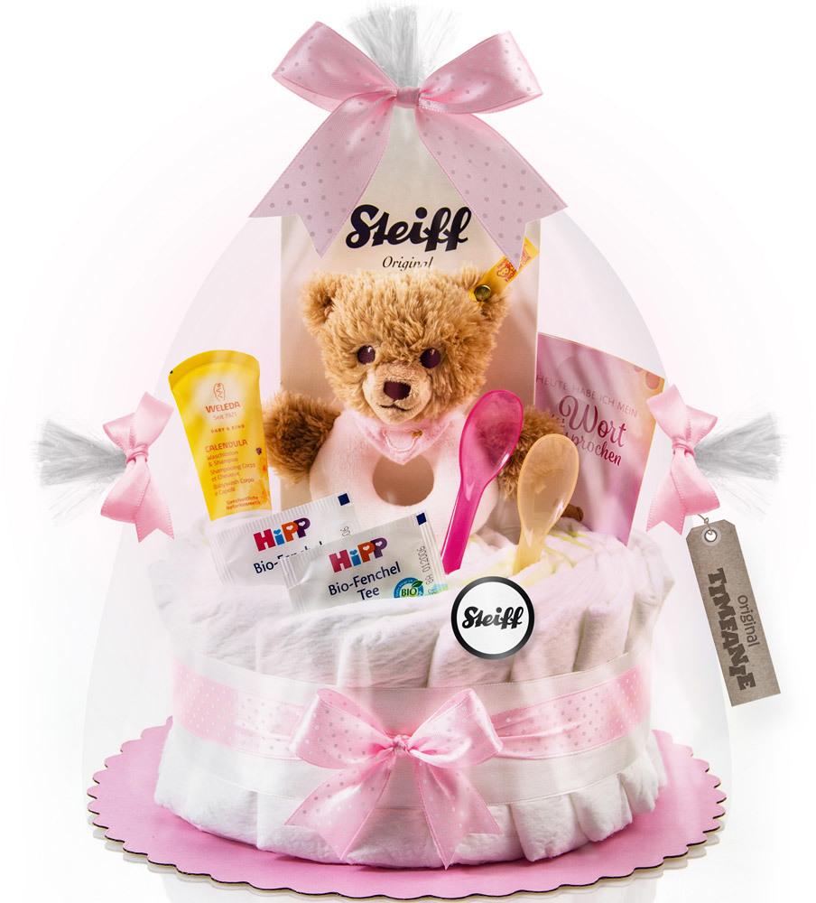 Timfanie® Windeltorte für Mädchen mit Steiff Schlaf-gut-Bär Greifring mit Rassel Größe 2 (4-8 kg), 1-stöckig, rosa-punkt