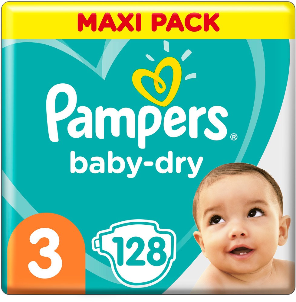 Pampers Baby Dry Windeln Größe 3 (6-10 kg) Midi, Dreier-Pack, 128 Stück, Gr. 3