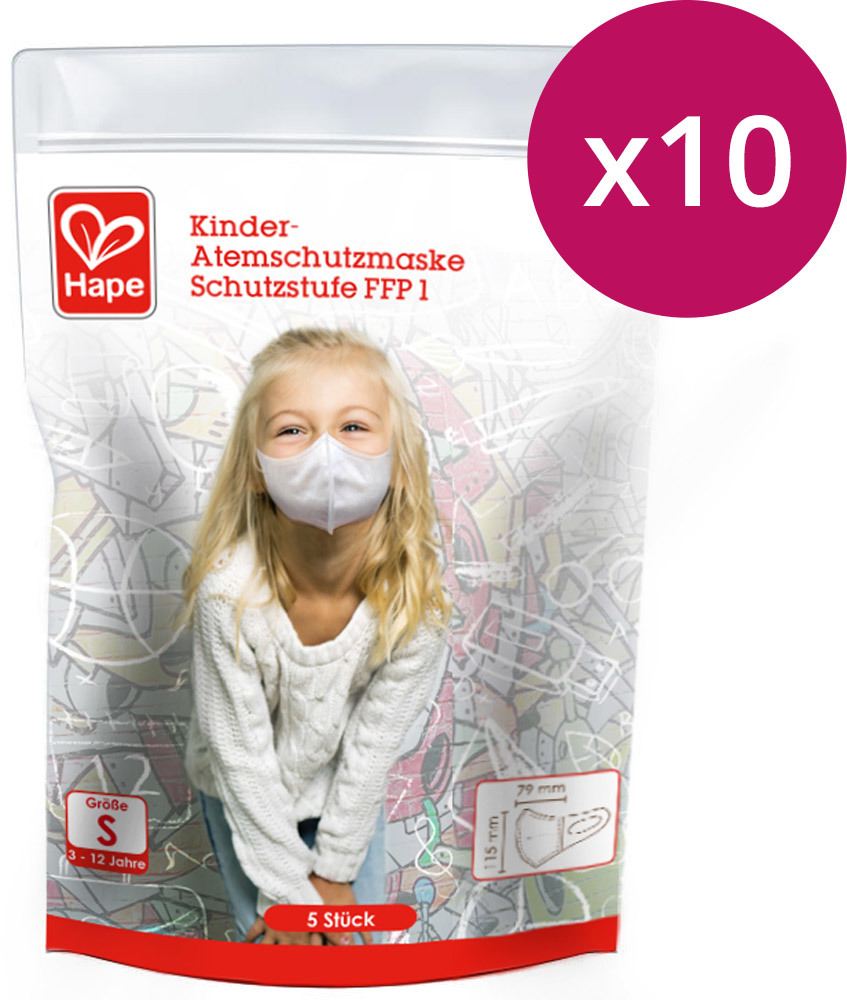 Hape Kinder-Atemschutzmaske Größe S (3 - 12 Jahre) Kinder-Atemschutzmasken, weiß, Schutzstufe FFP 1, 50 Stück