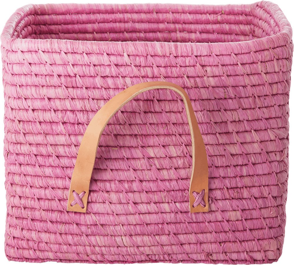 RICE kleiner Raffia-Korb mit Leder-Griffen Rose