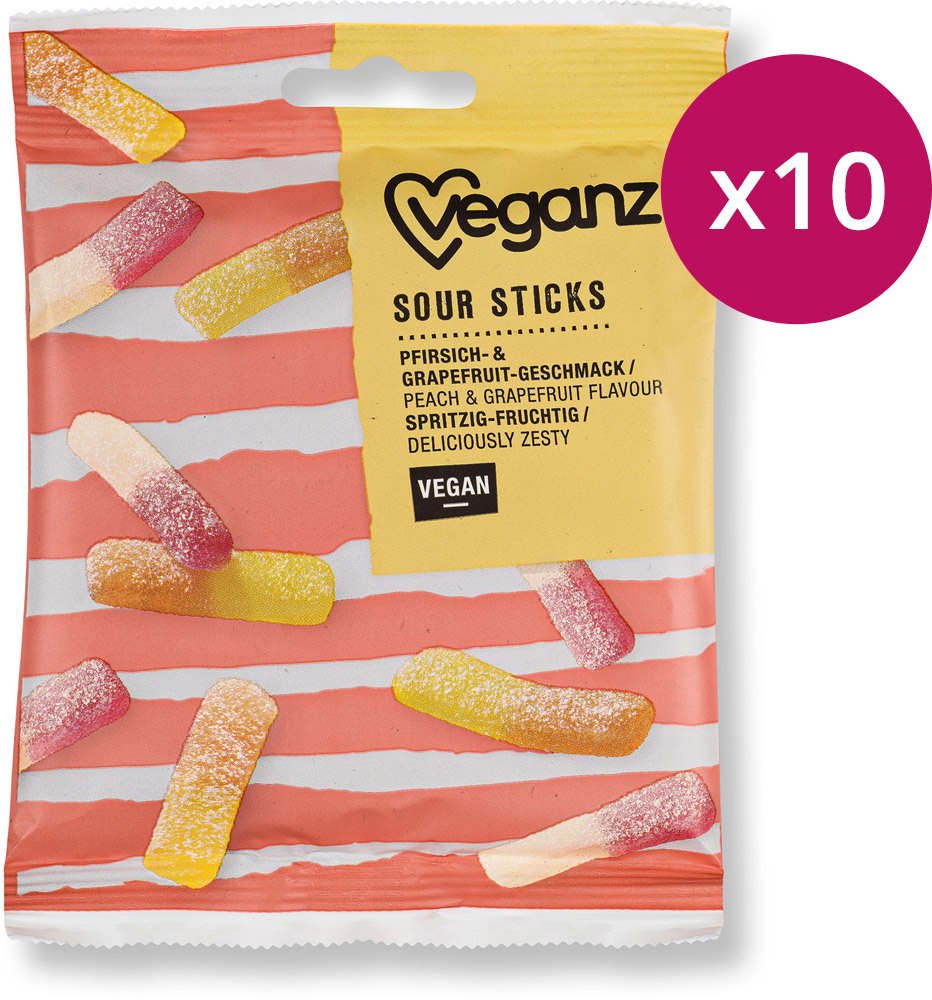 Veganz Sour Sticks Saurer Fruchtgummi mit Pfirsich-Grapefruit-Geschmack (100 g), 10 Stück