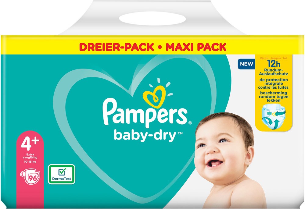 Pampers Baby Dry Windeln Größe 4+ (10-15 kg) Dreier-Pack, 96 Stück